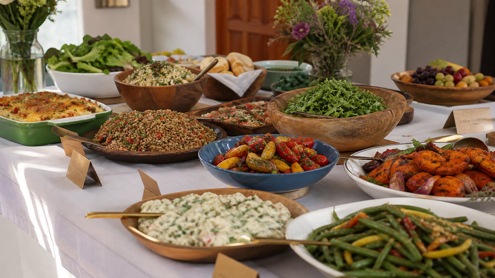 Overzichtelijk mitbringbuffet met afzonderlijke gerechten