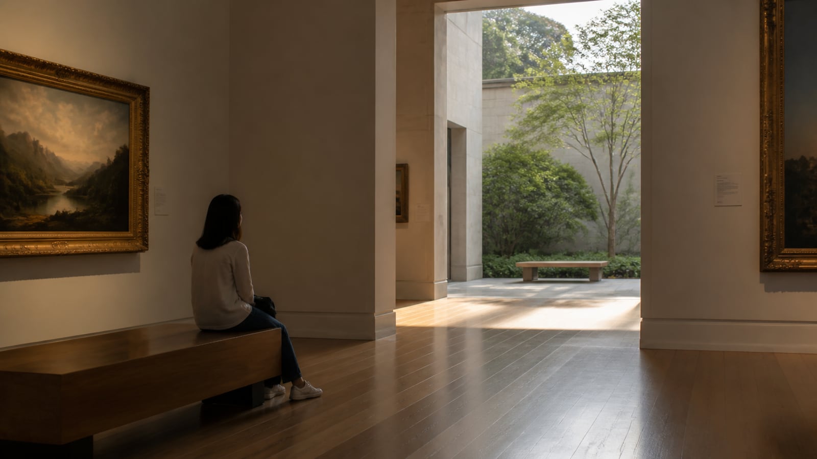 Rustige museumgalerij met bezoeker bij een zitplek