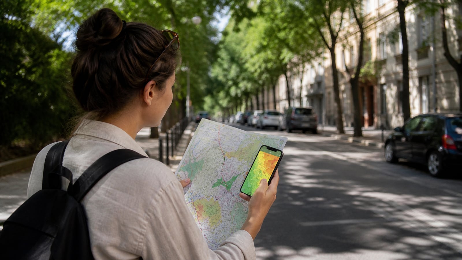 Rustige stadswandeling gepland met kaart en smartphone